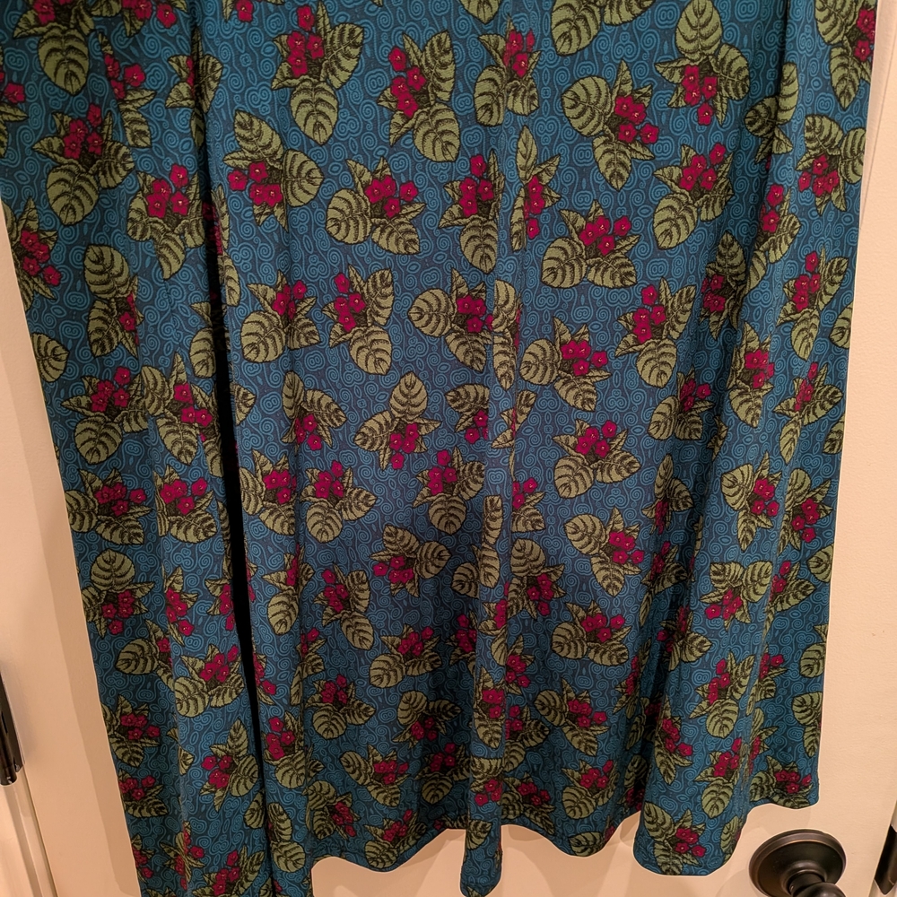 LuLaRoe A-Line Skirt with Red and Green Floral on Blue - Picture 3 of 3